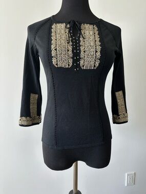VINTAGE JOSEPH A BLACK BEADED KNIT TOP 3/4 SLEEVE